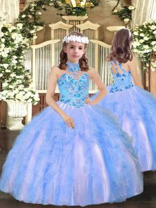 Floor Length Lace Up Little Girls Pageant Dress Wholesale Blue for Party and Wedding Party with Appliques and Ruffles