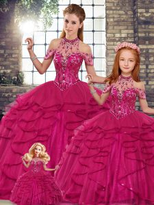 New Style Fuchsia Tulle Lace Up Halter Top Sleeveless Floor Length Sweet 16 Quinceanera Dress Beading and Ruffles