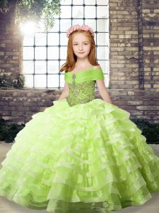 Yellow Green Sleeveless Beading and Ruffled Layers Lace Up Girls Pageant Dresses