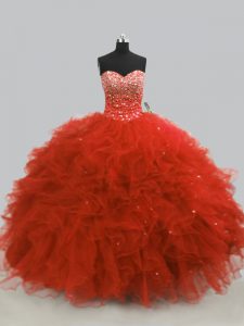 Rust Red Tulle Lace Up Vestidos de Quinceanera Sleeveless Floor Length Beading and Ruffles