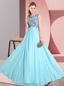 Deluxe Aqua Blue Sleeveless Chiffon Backless Quinceanera Court of Honor Dress for Wedding Party