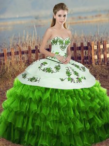 Organza Sweetheart Sleeveless Lace Up Embroidery and Ruffled Layers and Bowknot Quinceanera Dresses in Green