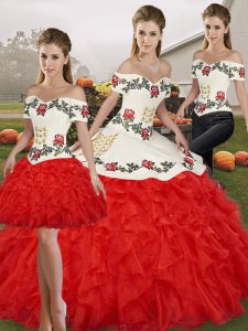 Great Floor Length Lace Up Ball Gown Prom Dress White And Red for Military Ball and Sweet 16 and Quinceanera with Embroidery and Ruffles