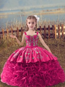 Hot Pink Lace Up Straps Embroidery Little Girl Pageant Dress Fabric With Rolling Flowers Sleeveless Sweep Train