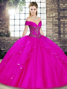 Fuchsia Sleeveless Beading and Ruffles Floor Length Ball Gown Prom Dress