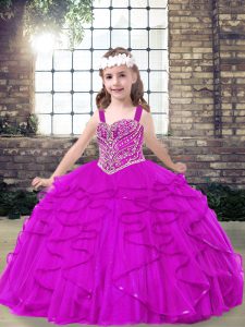 On Sale Fuchsia Pageant Gowns For Girls Party and Military Ball and Wedding Party with Beading and Ruffles Straps Sleeveless Lace Up