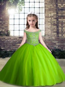 Excellent Green Tulle Lace Up Off The Shoulder Sleeveless Floor Length Kids Pageant Dress Beading