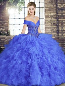 Clearance Blue Ball Gowns Beading and Ruffles Quinceanera Gowns Lace Up Tulle Sleeveless Floor Length