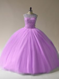 Deluxe Beading Sweet 16 Dresses Lilac Lace Up Sleeveless Floor Length