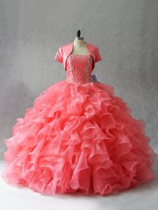 Strapless Sleeveless Quinceanera Gown Floor Length Beading Watermelon Red Organza and Tulle