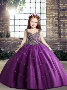 Hot Sale Purple Lace Up Little Girls Pageant Gowns Beading Sleeveless Floor Length