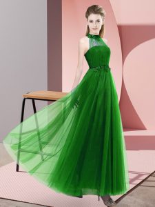 Green Tulle Lace Up Quinceanera Court of Honor Dress Sleeveless Floor Length Beading and Appliques