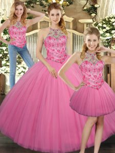 Rose Pink Halter Top Neckline Embroidery Quince Ball Gowns Sleeveless Lace Up