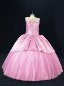 Pink Lace Up 15th Birthday Dress Beading Sleeveless Floor Length