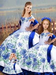 Sleeveless Satin Floor Length Lace Up 15 Quinceanera Dress in Blue And White with Embroidery and Ruffles