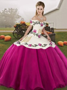 Fuchsia Ball Gowns Embroidery Quinceanera Gown Lace Up Organza Sleeveless Floor Length