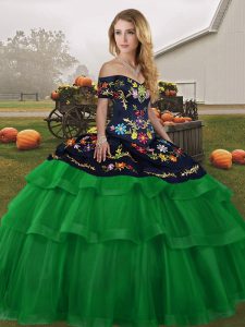 Embroidery and Ruffled Layers Sweet 16 Quinceanera Dress Green Lace Up Sleeveless Brush Train