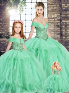 Apple Green Tulle Lace Up Off The Shoulder Sleeveless Floor Length Sweet 16 Dress Beading and Ruffles