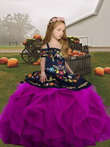 Fuchsia Straps Neckline Embroidery and Ruffles Pageant Gowns For Girls Sleeveless Lace Up