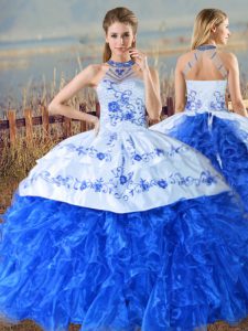 Modest Organza Halter Top Sleeveless Court Train Lace Up Embroidery and Ruffles Sweet 16 Dress in Royal Blue