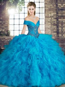 Dazzling Blue Off The Shoulder Neckline Beading and Ruffles Sweet 16 Dress Sleeveless Lace Up