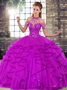 Sleeveless Floor Length Beading and Ruffles Lace Up Quinceanera Gown with Purple