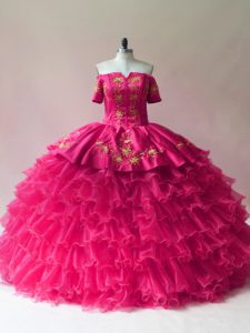 Dazzling Embroidery and Ruffled Layers 15 Quinceanera Dress Fuchsia Lace Up Sleeveless Floor Length