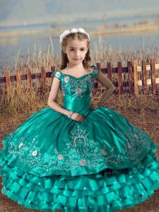 Turquoise Lace Up Off The Shoulder Embroidery and Ruffled Layers Kids Pageant Dress Satin and Organza Sleeveless