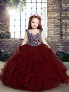 Sleeveless Lace Up Floor Length Beading and Ruffles Kids Pageant Dress