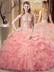 Peach Organza Zipper Scoop Sleeveless Floor Length Sweet 16 Quinceanera Dress Beading and Ruffles