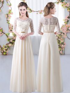 Top Selling Champagne Chiffon Zipper Vestidos de Damas Half Sleeves Floor Length Lace and Belt