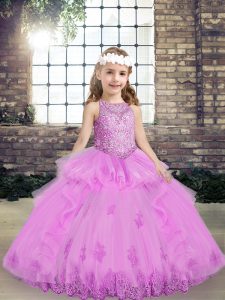 Classical Lilac Tulle Lace Up Little Girl Pageant Gowns Sleeveless Floor Length Lace and Appliques