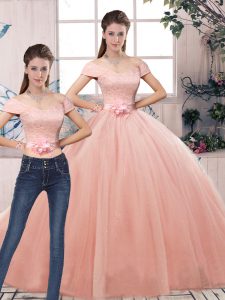 Customized Pink Two Pieces Off The Shoulder Short Sleeves Tulle Floor Length Lace Up Lace and Hand Made Flower Quinceanera Gowns