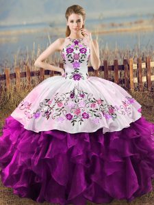 Ball Gowns Ball Gown Prom Dress Pink And White Halter Top Organza Sleeveless Floor Length Lace Up