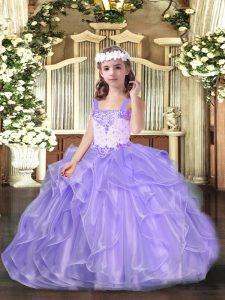 Sleeveless Organza Floor Length Lace Up Girls Pageant Dresses in Lavender with Beading and Ruffles