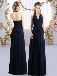 Elegant Sleeveless Chiffon Floor Length Lace Up Quinceanera Court of Honor Dress in Navy Blue with Ruching