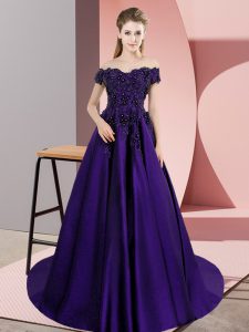 Most Popular Purple Sweet 16 Dress Off The Shoulder Sleeveless Court Train Zipper