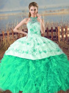 Amazing Sleeveless Organza Court Train Lace Up Ball Gown Prom Dress in Turquoise with Embroidery and Ruffles