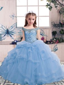 Scoop Sleeveless Little Girls Pageant Gowns Floor Length Beading and Ruffles Light Blue Tulle