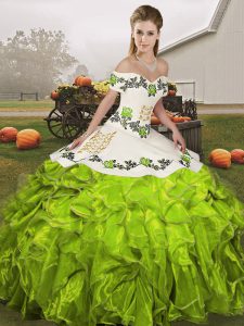 Floor Length Lace Up 15 Quinceanera Dress Olive Green for Military Ball and Sweet 16 and Quinceanera with Embroidery and Ruffles