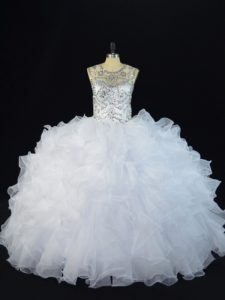 Super White Lace Up Scoop Beading and Ruffles Quinceanera Dresses Organza Sleeveless