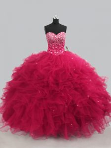 Beautiful Hot Pink Lace Up Sweetheart Beading and Ruffles Quince Ball Gowns Tulle Sleeveless