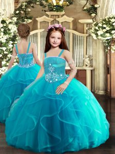 Simple Baby Blue Little Girls Pageant Dress Party and Wedding Party with Beading and Ruffles Straps Sleeveless Lace Up