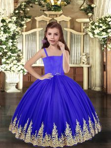 Top Selling Ball Gowns Girls Pageant Dresses Royal Blue Straps Tulle Sleeveless Floor Length Lace Up