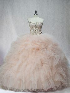 Champagne Sweet 16 Dresses Tulle Sleeveless Beading and Ruffles