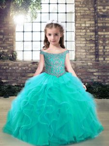 Aqua Blue Tulle Lace Up Girls Pageant Dresses Sleeveless Floor Length Beading and Ruffles