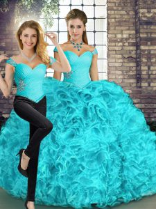 Aqua Blue Two Pieces Off The Shoulder Sleeveless Organza Floor Length Lace Up Beading and Ruffles Vestidos de Quinceanera