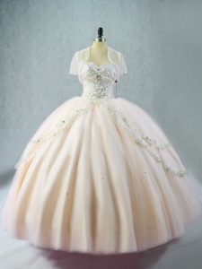 Light Yellow Ball Gowns Sweetheart Sleeveless Tulle Floor Length Lace Up Beading Ball Gown Prom Dress