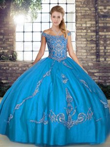 Ball Gowns Quinceanera Dresses Blue Off The Shoulder Tulle Sleeveless Floor Length Lace Up