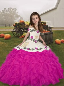 Straps Sleeveless Organza Little Girl Pageant Dress Embroidery and Ruffles Lace Up